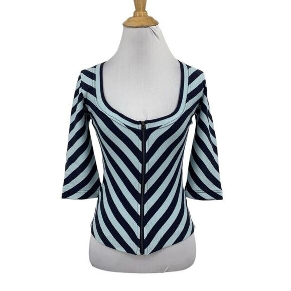 Maeve Top Women XXS 2XS Blue Front Zip Scoop Neck Striped Stretch Anthropologie - Picture 1 of 13